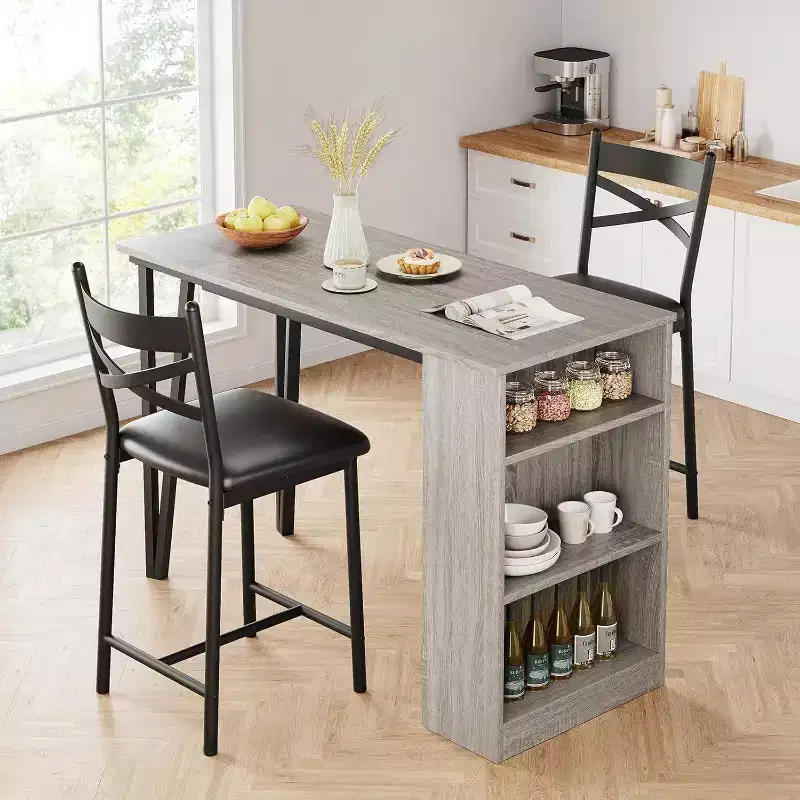 Acekool 3-Piece 36in Counter Height Dining Table Set with 2 Barstools & Storage Shelves, Drop Leaf Space Saving Kitchen Nook