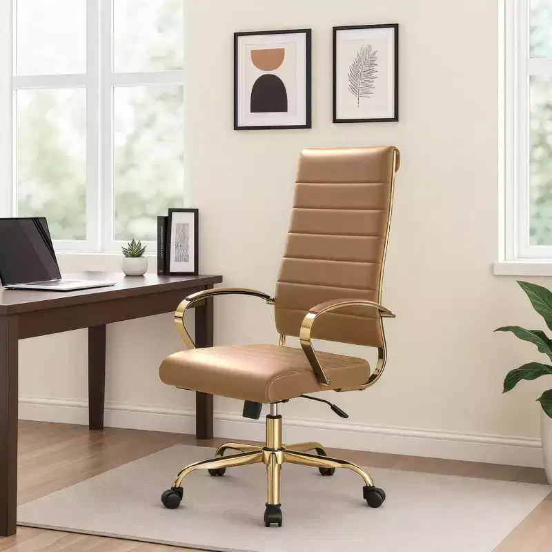 LeisureMod Benmar High-Back Ribbed Leather Office Chair - Modern Swivel & Tilt Executive Desk Chair - Gold Base