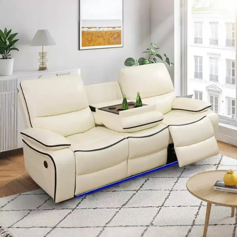 Electric 3-Seat Power Reclining Sofa with USB Charging, LED Lighting & Reversible Table – Off-White