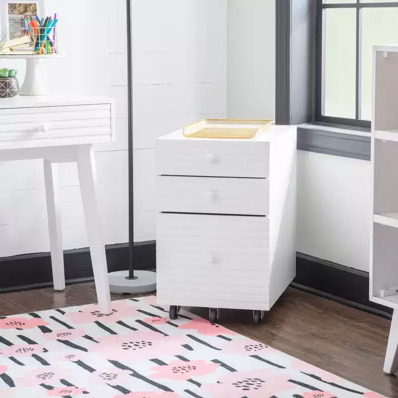 Wedeln 3 Drawer Rolling File Cabinet White Finish Wood - Powell: Mid-Century Modern, Veneer, Metal Hardware
