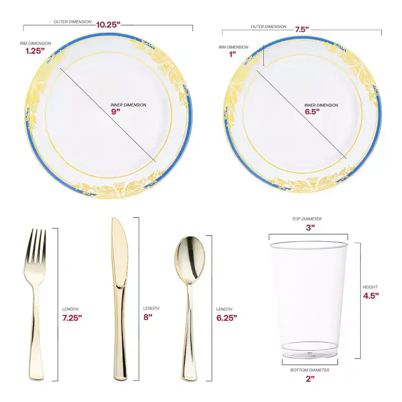 Smarty Had A Party White w/ Blue and Gold Rim Plastic Wedding Set - 30 Sets