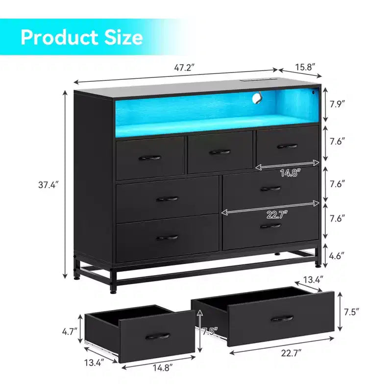 Dresser for Bedroom with LED Lights  7 Drawer Dressers with Charging Station, Wood Storage Chest for Entryway, Closet, Living Room, Hallway