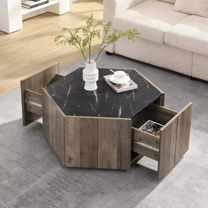 Modern Hexagon Coffee Table with Faux Marble Top and Hidden Storage Drawers, Center Table for Living Room - Panipeachy