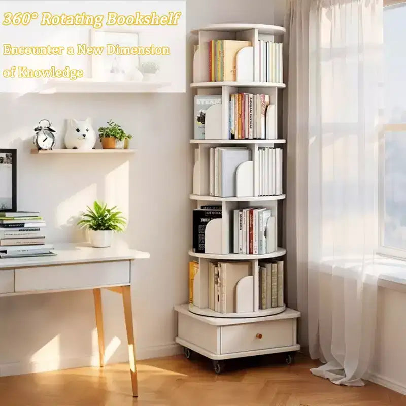 Chic Crate 6-Tier 360 Rotating Bookshelf with Wheels & Drawer, Space-Saving Bookcase for Bedroom & Home Office