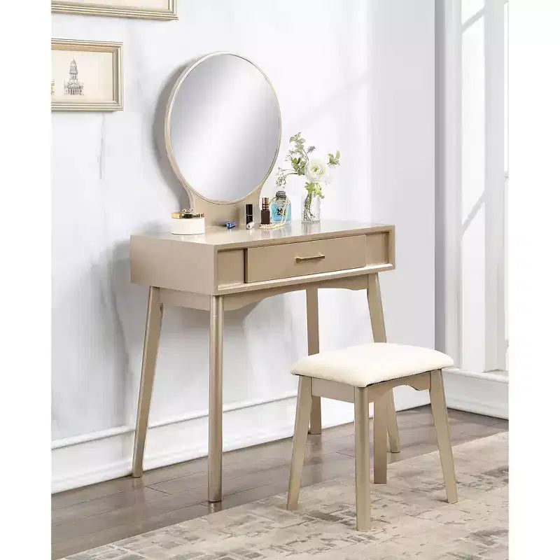 Okak Contemporary Wooden Vanity Desk with Stool, Makeup Vanity with Round Mirror and 1 Drawer, Girls Vanity for Bedroom, Dressing Room