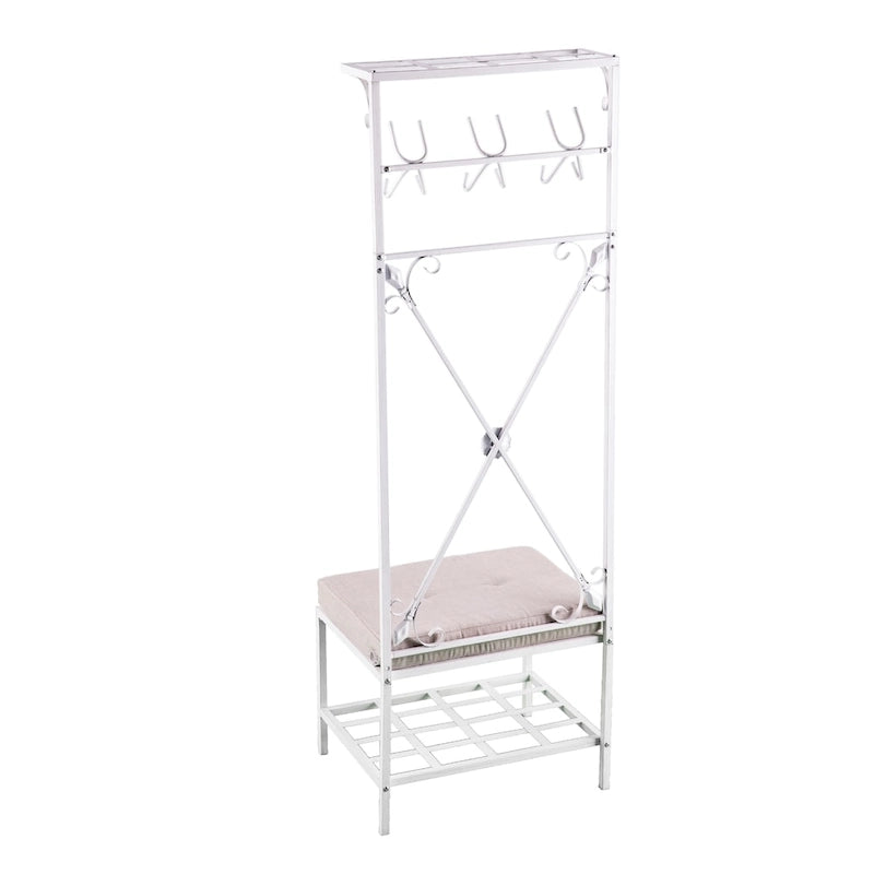 Hall Tree Coat Rack with Cushioned Seat, 12 Hooks, 2 Shelves, Distressed White Iron