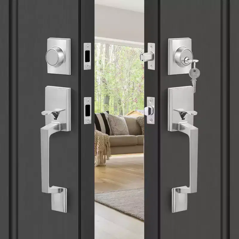 VEVOR Double Door Handle Set, Double Door Lock Set with Reversible Handle Lever, Satin Nickel Square Door Lever, with Dummy,Silver