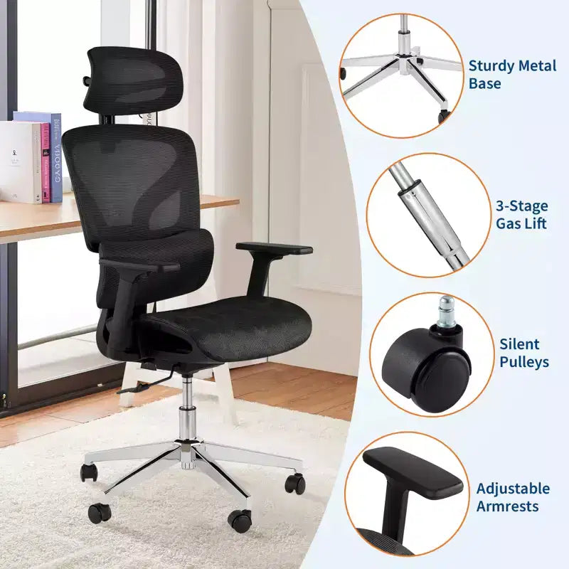 Ergonomic Mesh Office Chair, Lumbar Support, 4D Adjustable Armrests, Recline & Height Adjustment, 360 Swivel, Home Office Chair, Study Gaming Chair