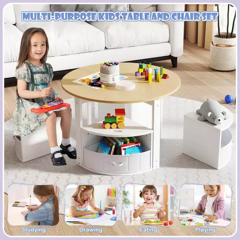 Costway 5 Piece Kids Play Table and Chairs Set Round Nesting Table Toddler Furniture Gray/Natural