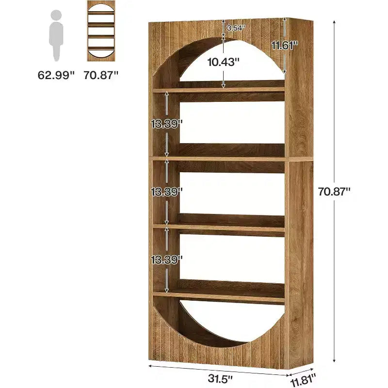 Lantine 70.8-Inch 5-Tier Tall Bookshelf, Farmhouse Wooden Bookcase with Fluted Arched Top for Living Room and Home Office