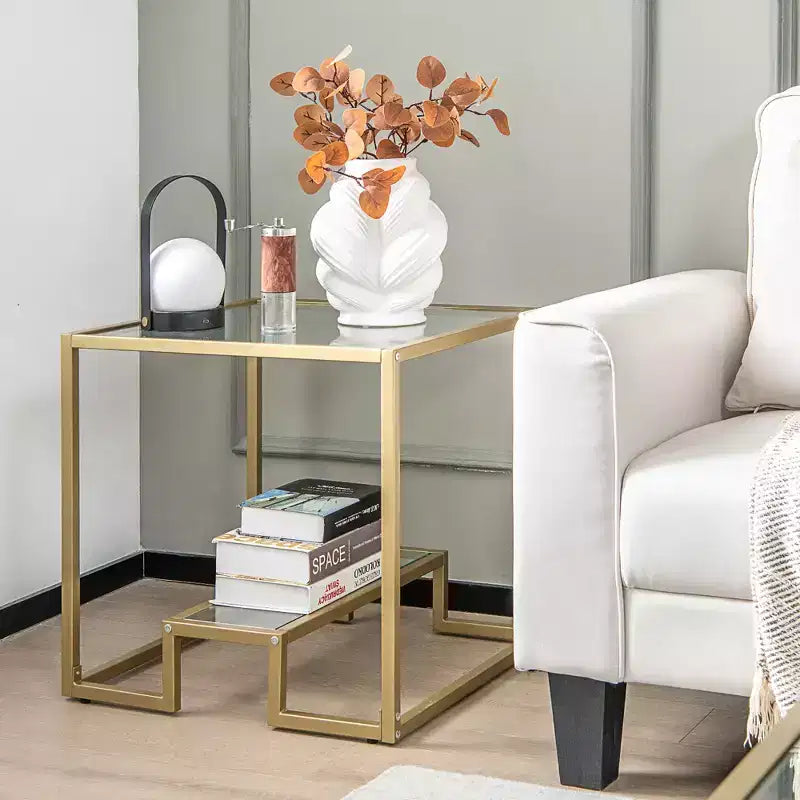 Costway 22'' 2-Tier Sofa Side Table Square Metal Frame for Living Room Bedroom Bronze