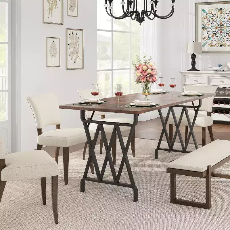 6-person Dining Table, 71 Rectangular Dining Table with X-shaped Metal Legs and Wooden Tabletop, Kitchen Dining Table for 6-8 People