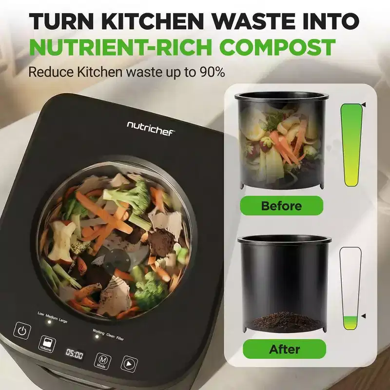NutriChef 4L Smart Electric Kitchen Composter  Odorless, Low Noise, Self-Cleaning Compost Bin (Gray)