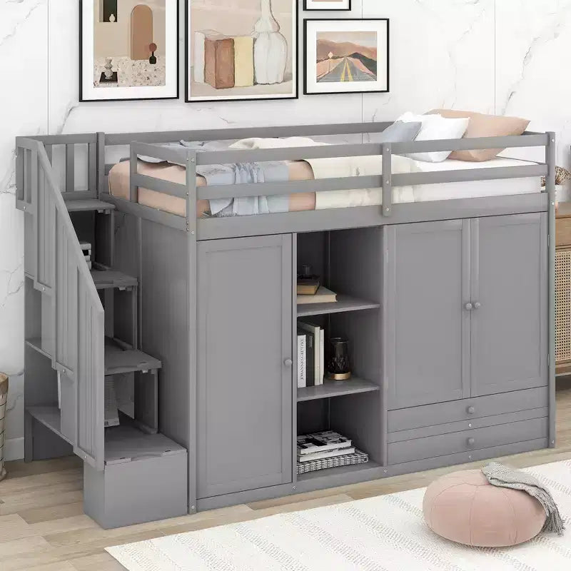 93.3 Functional Loft Bed with Wardrobes, Shelves, Drawers and Storage Ladder