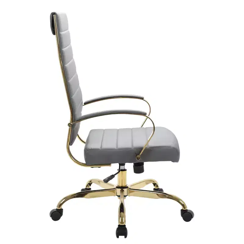 LeisureMod Benmar High-Back Ribbed Leather Office Chair - Modern Swivel & Tilt Executive Desk Chair - Gold Base