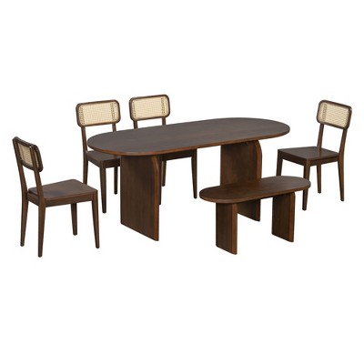 GDFStudio Tom 6 Piece Solid Wood and PE Rattan Dining Set with 71 Double Pedestal Table