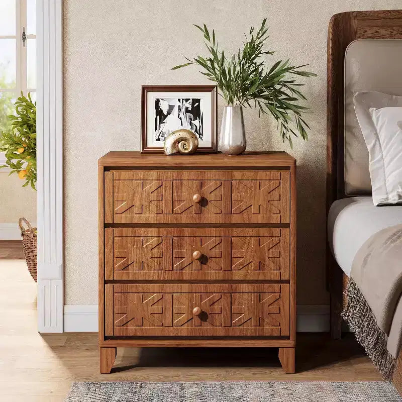 Farmhouse Nightstand with 3 Drawers - Industrial Bedside End Table, Brown