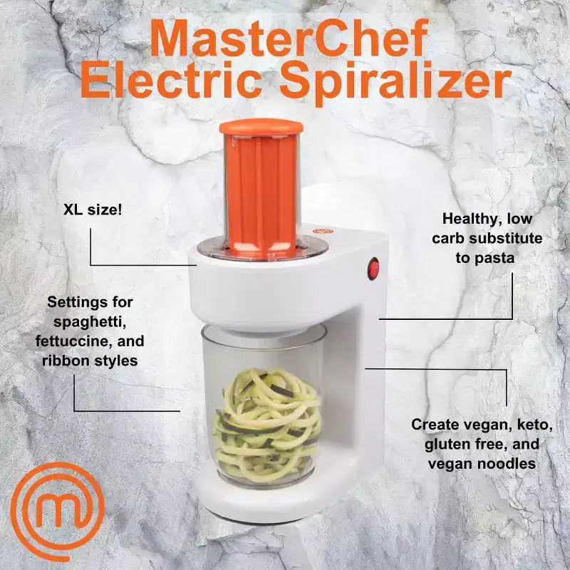 MasterChef Electric Spiralizer- 3-in-1 Vegetable Noodle Pasta Maker - Zoodle Zucchini Veggie Slicer and XL Hopper (w FREE Recipe Guide)