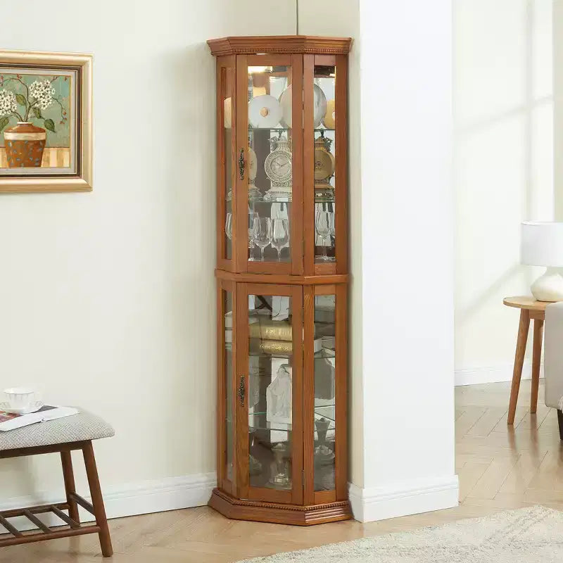 Corner Curio Cabinet with Light, Adjustable Glass Shelves, and Beaded Decoration for Displaying Collectibles