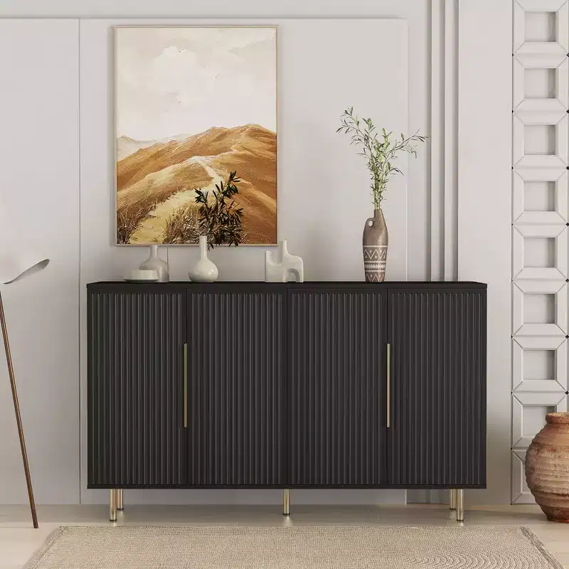 Accent Storage Cabinet Serving Sideboard, Modern Mid Century Coffee Bar Cabinet with Vertical-Striped Doors and Adjustable Shelves