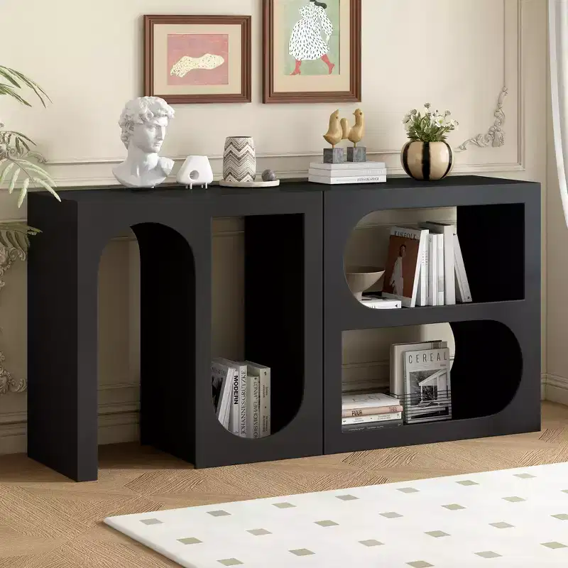 Modular Console Table, Narrow Long Sideboard, Foyer Entryway Table with Rectangular Exterior and Curved Design for Living Room, Black