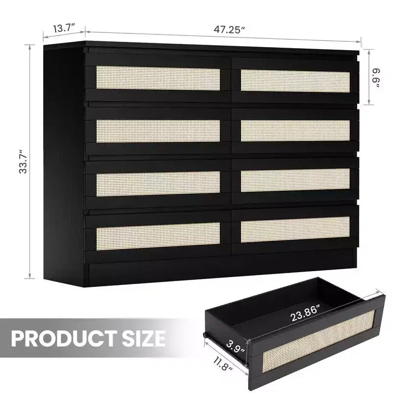 Large 8 Drawer Dresser for Bedroom, Modern Farmhouse Rattan Dresser, Slim Wood Chest of Drawers, Multifunctional TV Stand for Apartments, Small Spaces