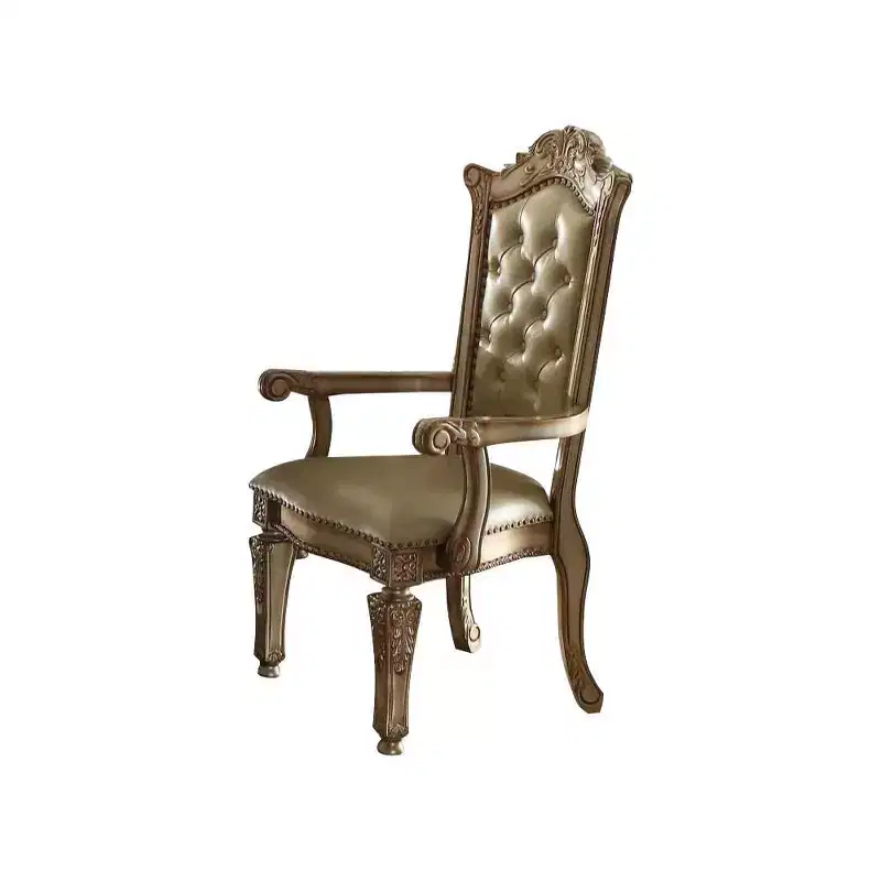 27" Vendome Accent Chair Bone Synthetic Leather/Gold Patina Finish - Acme Furniture: Luxury Tufted Armchair, Nailhead Trim