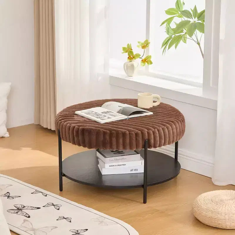 2-Tier Round Faux Fur Ottoman with Storage Shelf