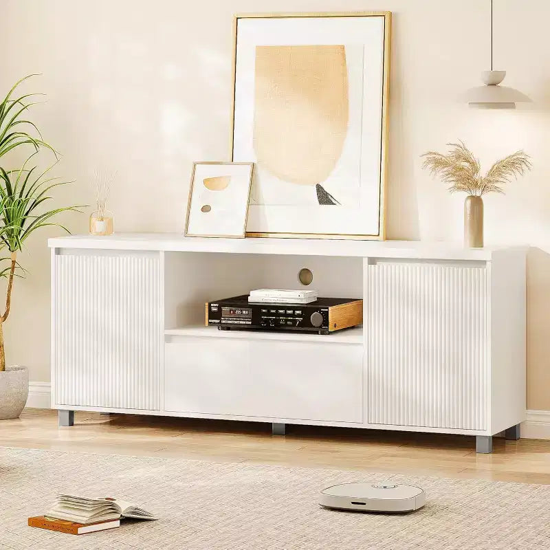 Fluted TV Console with Storage – Fits TVs up to 70 Inches, White