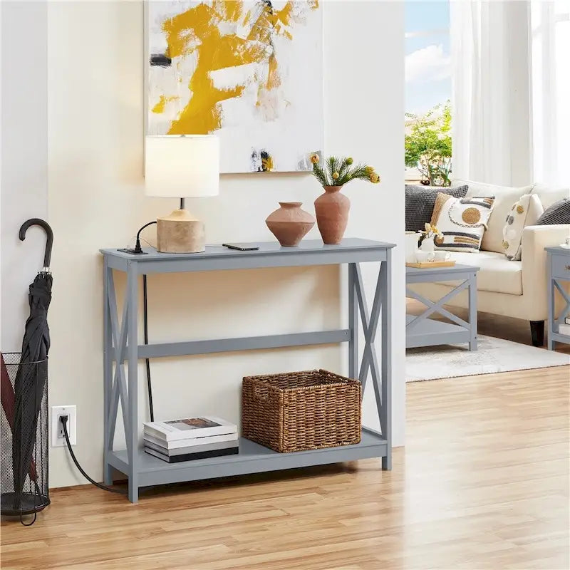 2-Tier Narrow Sofa Console Table with Built-In Power Outlet