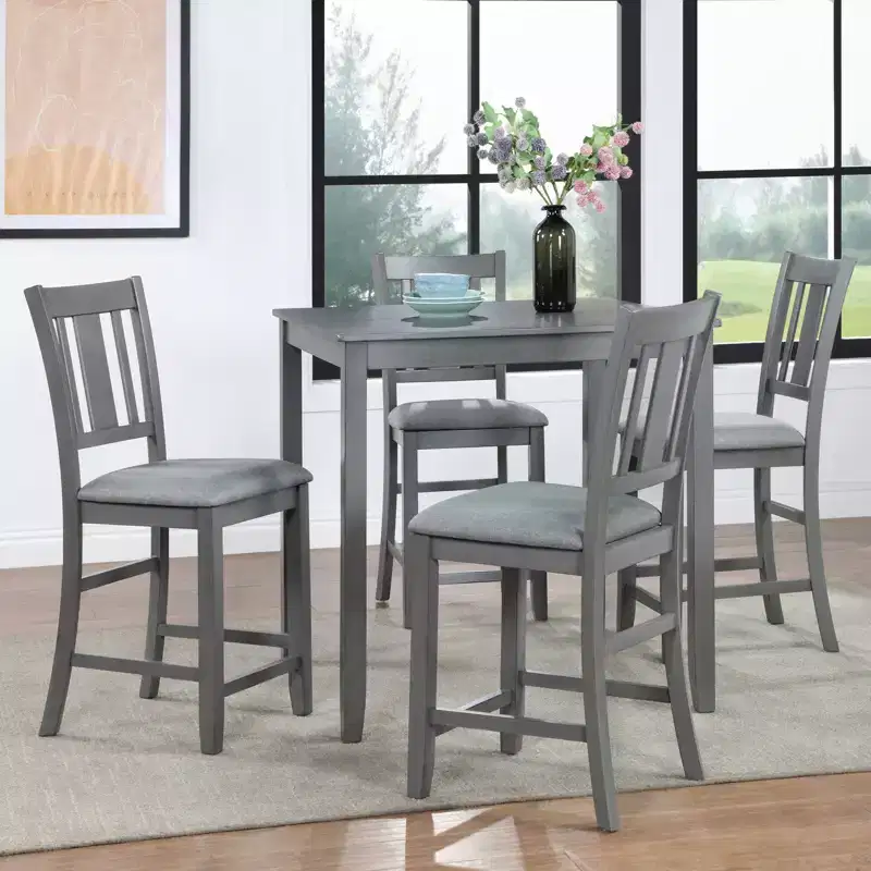 GDFStudio Navarro Modern 5 Piece Rubberwood Upholstered Dining Chairs and Acacia Wood Square Dining Table