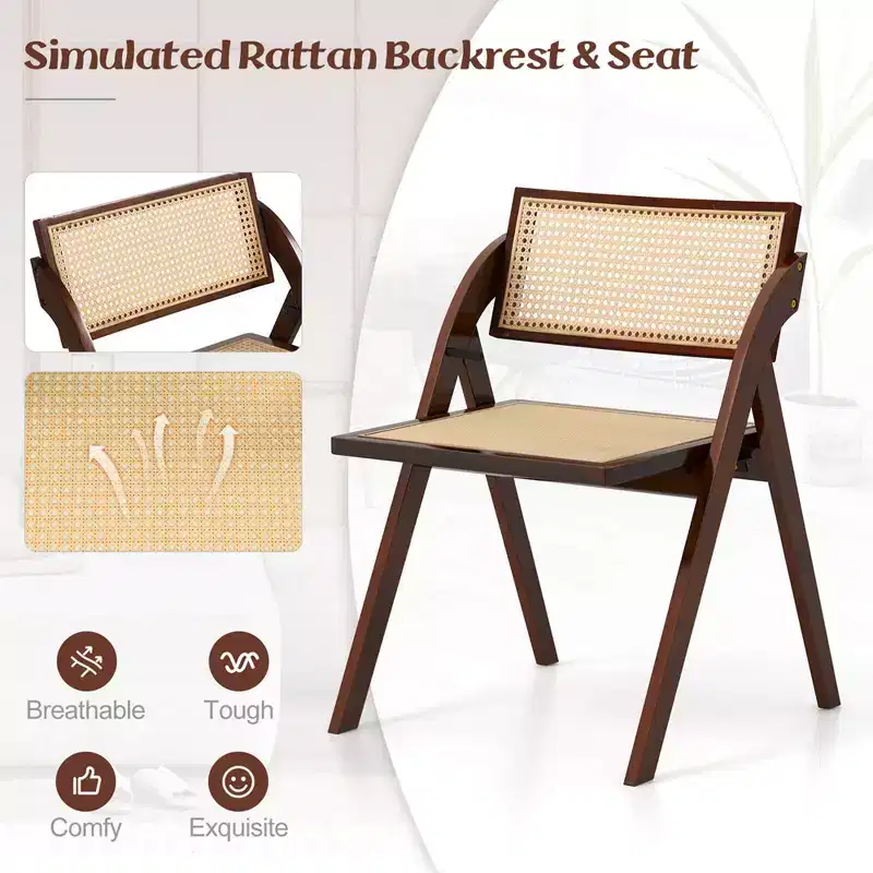 Costway Foldable Dining Chairs Set of 2/4 with Woven Rattan Backrest & Seat Rubber Wood Frame Brown