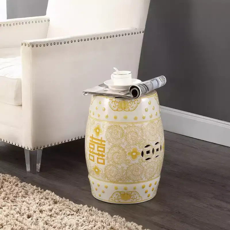 JONATHAN Y Double Happiness 18 Chinoiserie Ceramic Drum Garden Stool/Accent Table