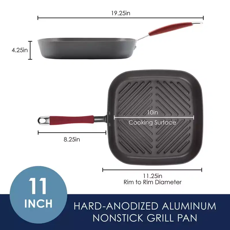 Rachael Ray 11" Hard-Anodized Nonstick Deep Square Grill Pan - Gray with Cranberry Red Handle: Griddle Pan, Rust-Resistant