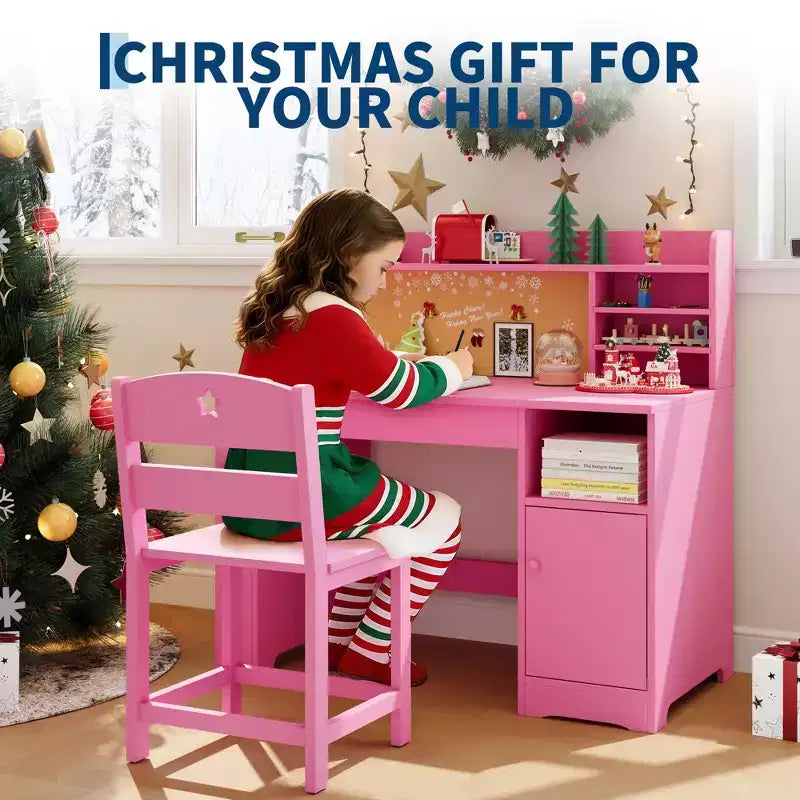 Acekool Kids Study Desk and Chair Set with Hutch Tiltable Desktop and Storage for Bedroom Home School