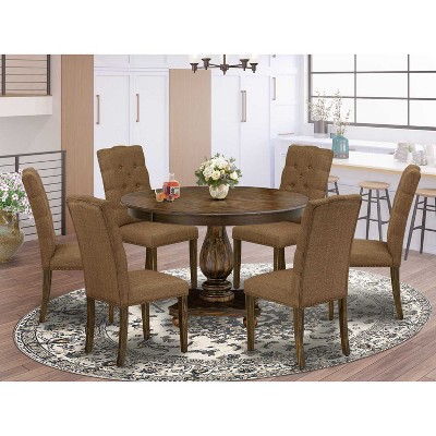 HomeStock 7-Piece Distressed Jacobean Finish Solid Wood Top Dining Table with 6 Parson Chairs