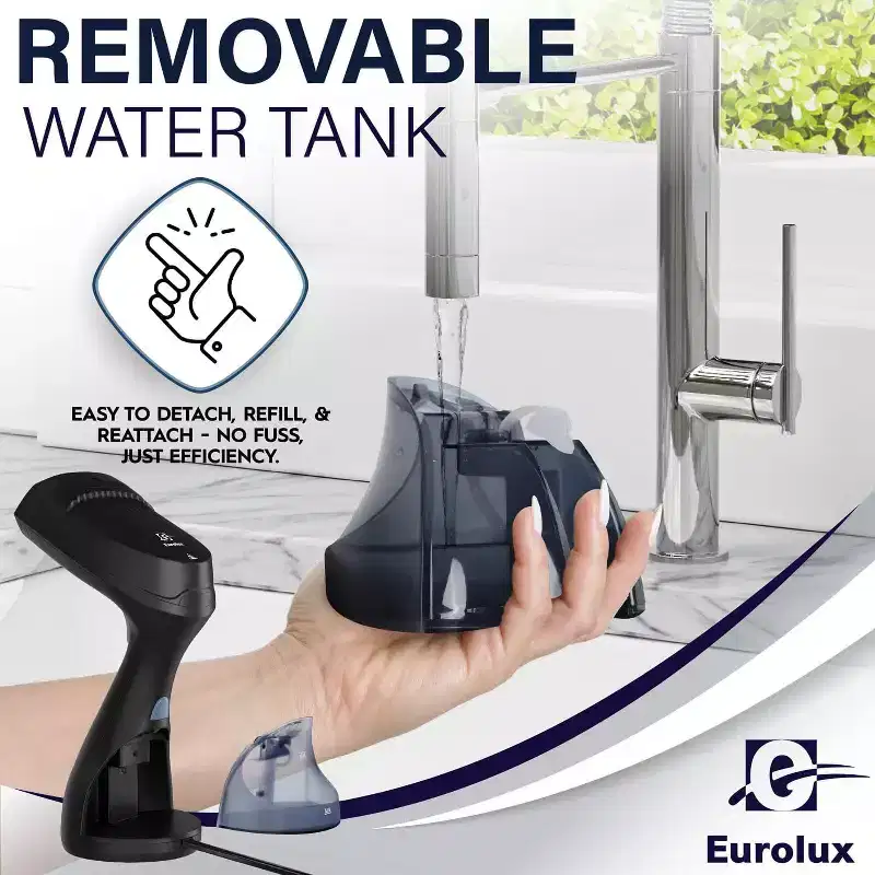 Eurolux Portable Handheld Garment Steamer, 1600W, 30s Heat-Up, Detachable Tank, Black