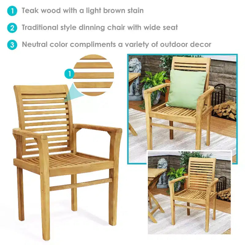 Sunnydaze Outdoor Solid Teak Wood with Light Stained Finish Slatted Patio Lawn Arm Chair - Light Brown