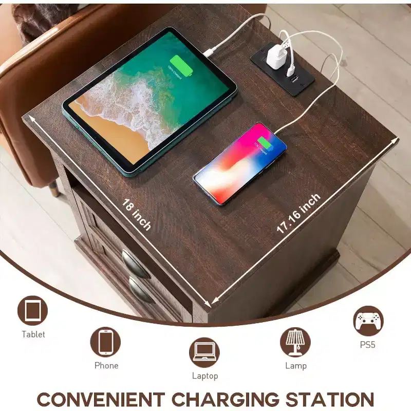 Farmhouse Nightstand with Charging Station & 2 Drawers – 21.3
