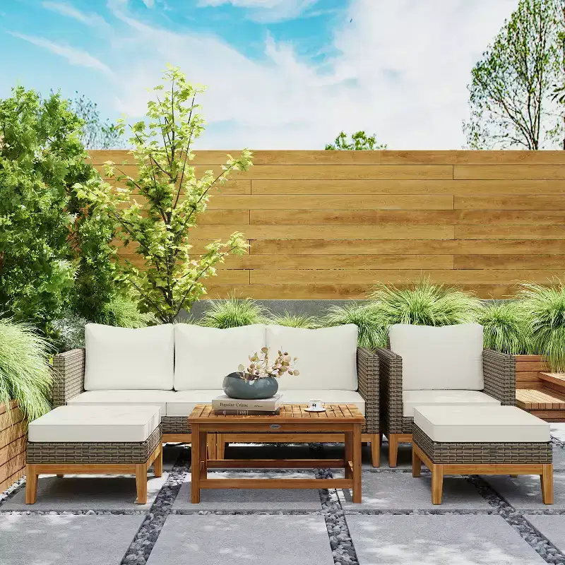 Outsunny Cushioned Patio Furniture Set, 5 PCs Wooden Frame PE Rattan Conversation Set, Cream White