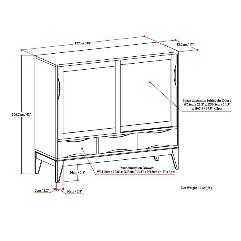 48-Inch Wide Mid-Century Modern Storage Cabinet with Sliding Doors and Drawers