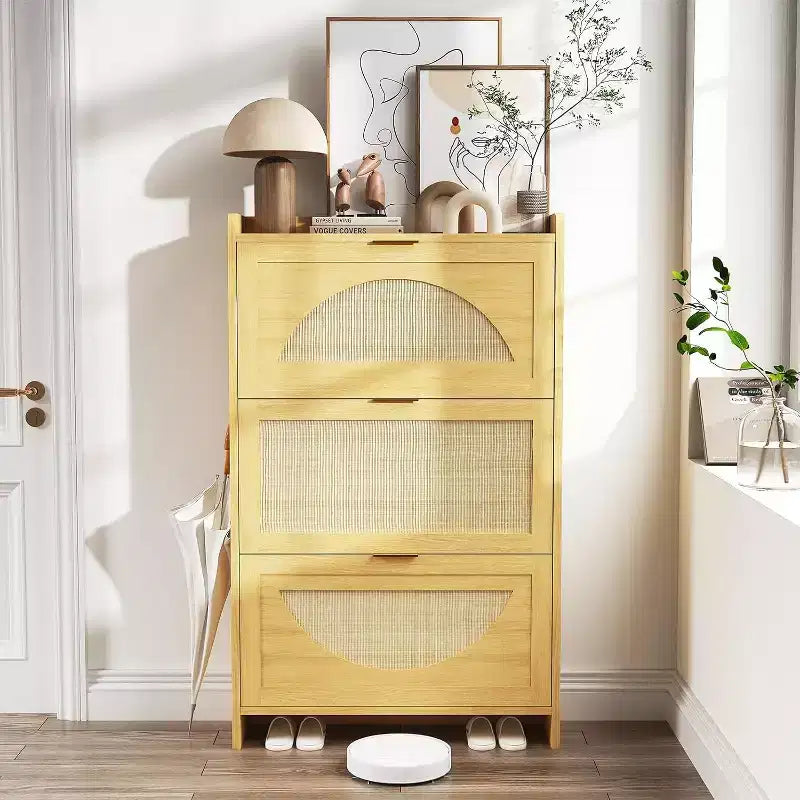 3 Flip Drawers Wood Shoe Storage Cabinet, Shoe Cabinet Freestanding with Rattan Doors & Adjustable Shelves for Entryway, Closet, Hallway