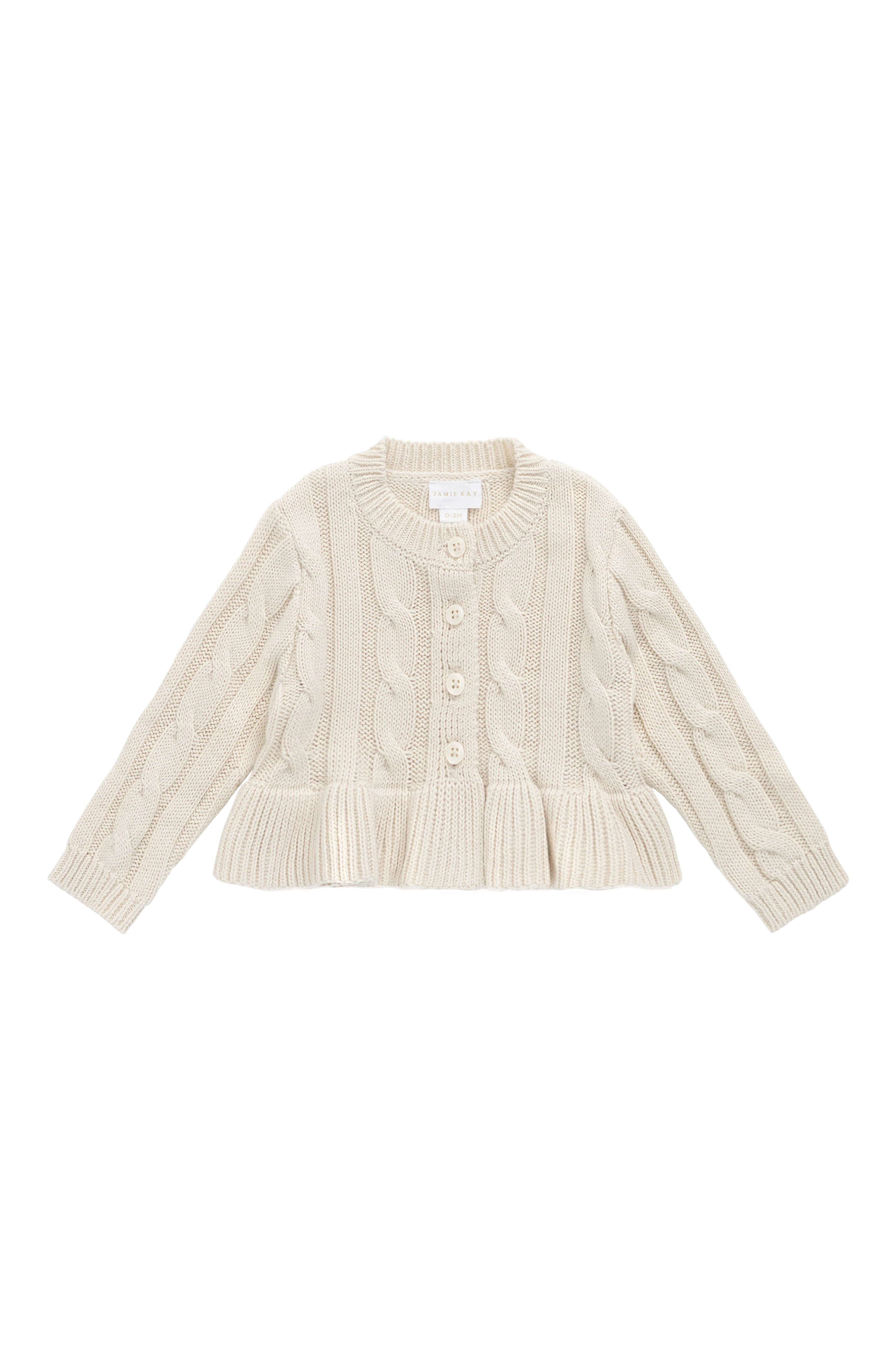 Classic Vanilla Cotton Cable Knit Cardigan with Peplum Hem & Button Front