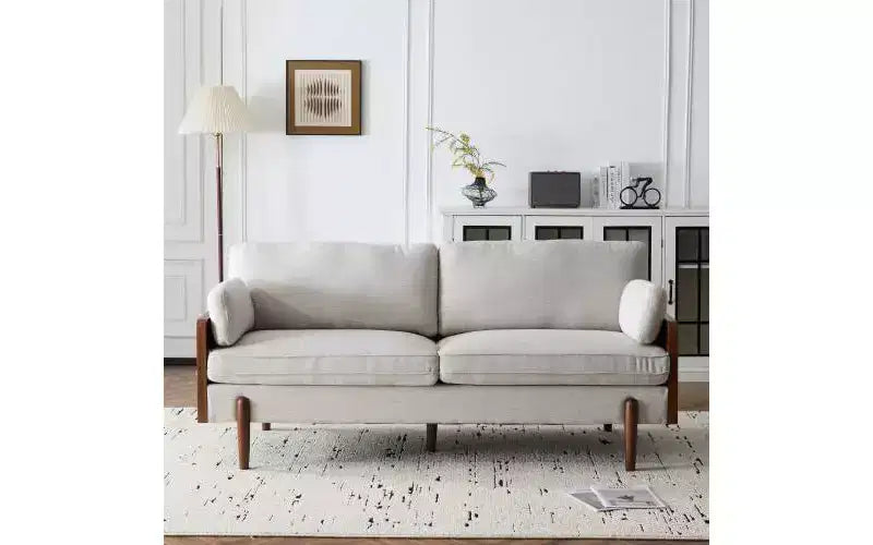 Christopher Knight Home Ella Modern Upholstered 71.75" Wood Frame 3 Seater Sofa with Accent Pillows Beige