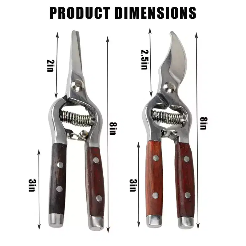 2-Pack Bypass Pruning Shears - Wood & Steel Handle Curved Straight Blades 8x20cm, Ultra Sharp Gardening Tools for Plants Flowers