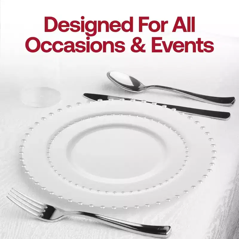 Smarty Had A Party White w/ Silver Pearl String Round Plastic Wedding Set - 60 Sets