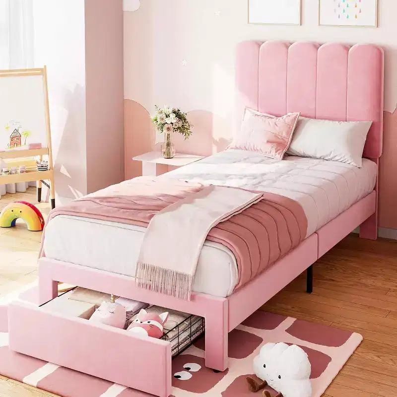 Beige Velvet Twin Bed Frame with Storage Drawer, Headboard, Slat Support, No Box Spring, Noise-Free, Easy Assembly