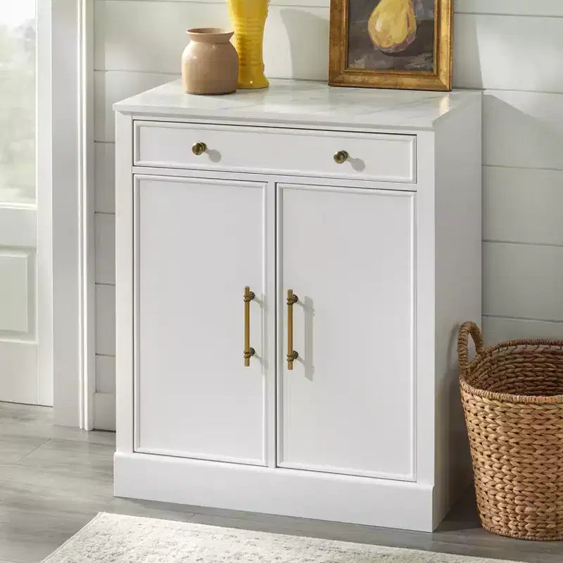 Lifestorey Monza Modular Cabinet with Faux Marble Top 1 Drawer 2 Doors White: Faux Marble Top, Brass Tone Handles, Adjustable Shelf
