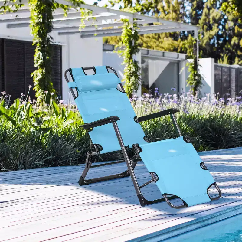 Outsunny 2-in-1 Folding Patio Lounge Chair w/ Pillow, Outdoor Portable Sun Lounger Reclining to 120/180, Oxford Fabric