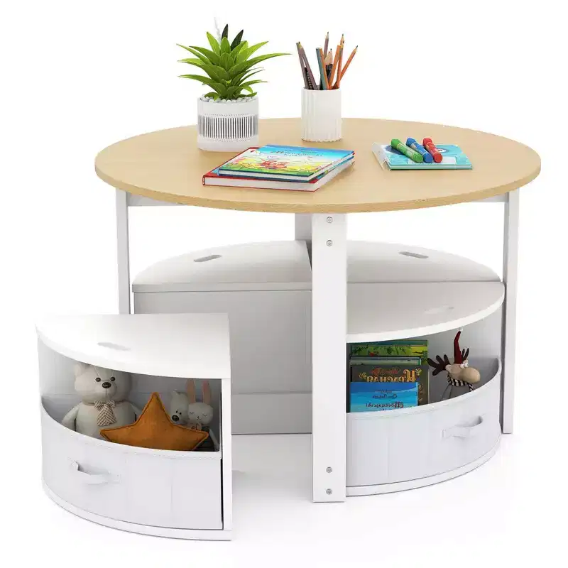 Costway 5 Piece Kids Play Table and Chairs Set Round Nesting Table Toddler Furniture Gray/Natural